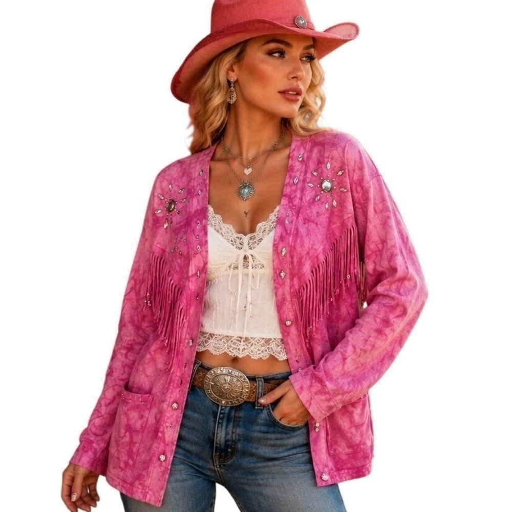 Bridge Sportswear Pink Fringe TieDye Cardigan Rhinestone S Pink Cowgirl Concert
